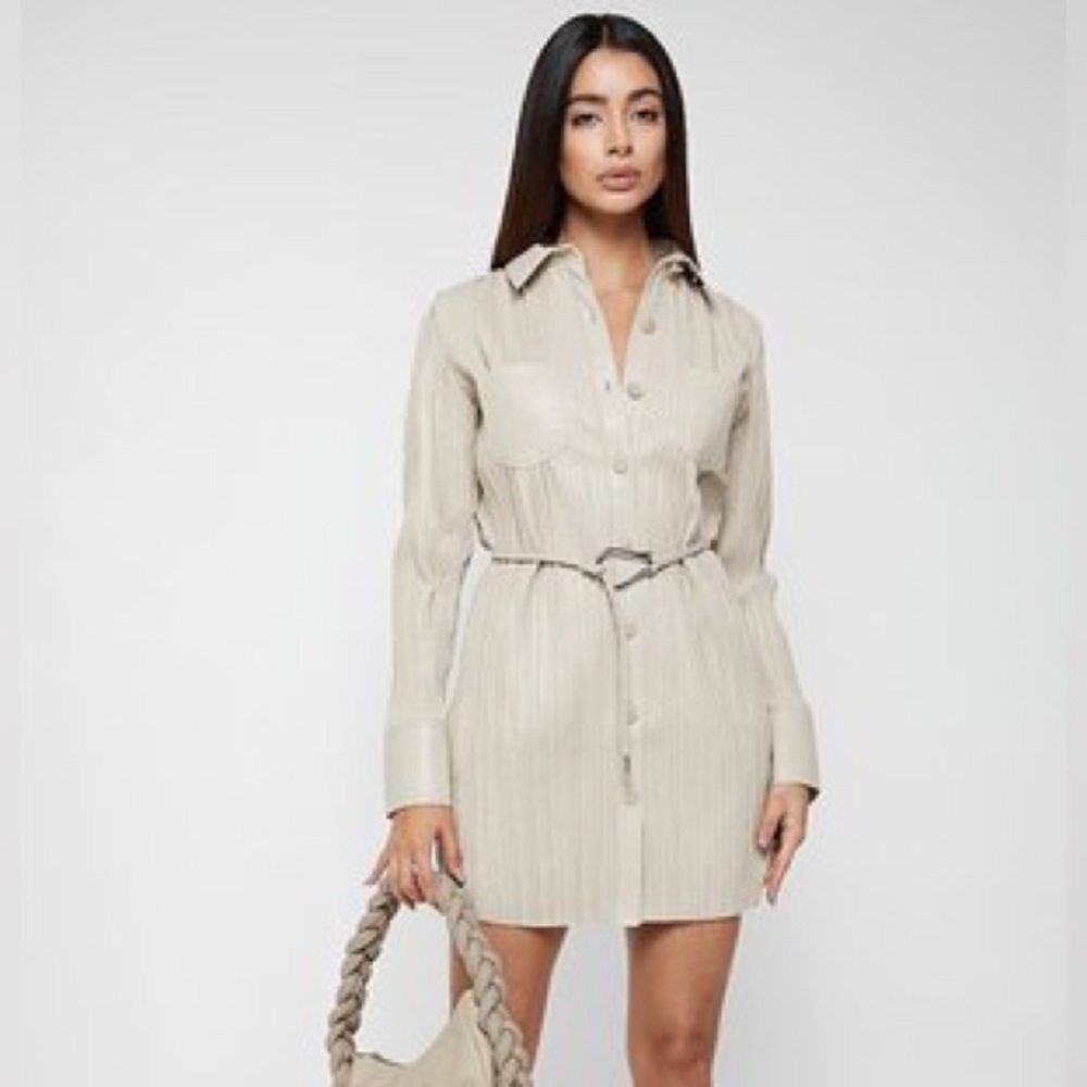 Maniere De Voir - VEGAN LEATHER PLEATED SHIRT DRESS - STONE